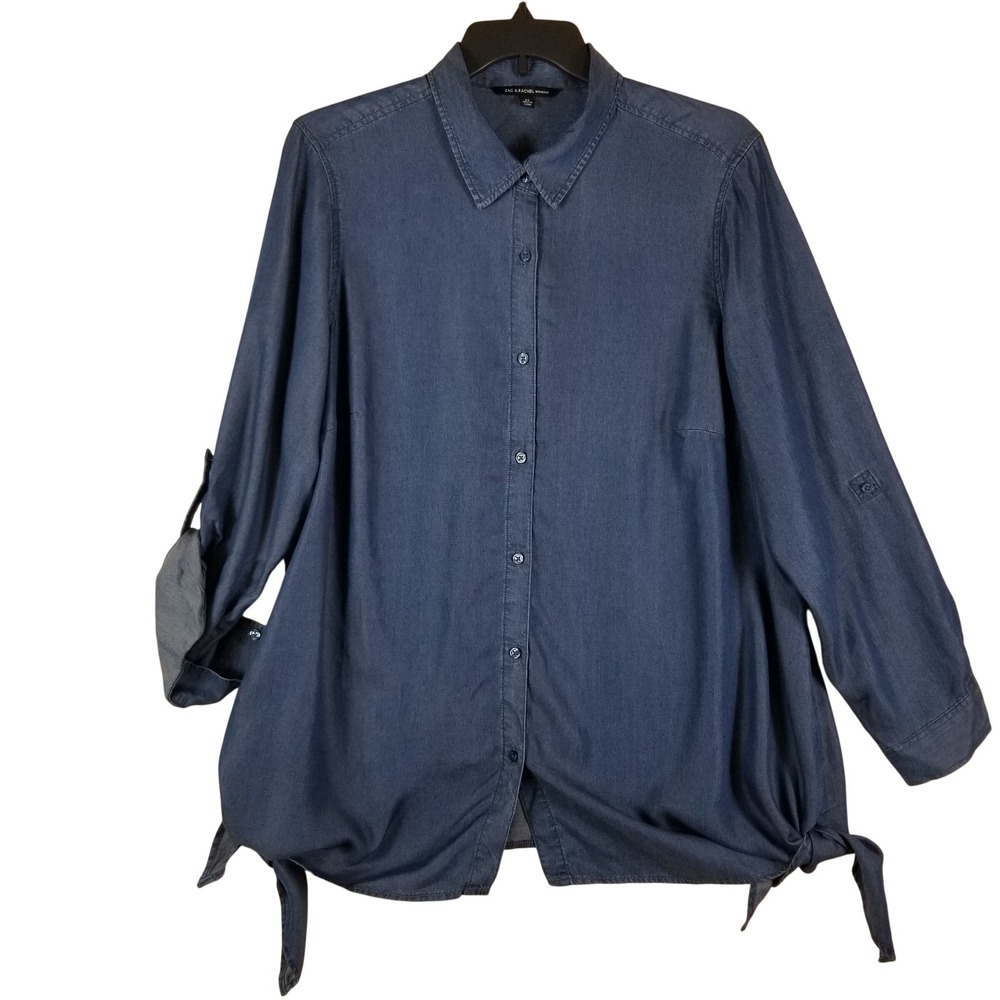 Zac & Rachel Woman Button Down‎ Shirt Womens 2X Blue Lyocell Side Tie Roll Tab